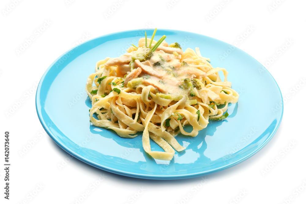 Plate with delicious Chicken Alfredo isolated on white Plate with delicious Chicken Alfredo isolated on white