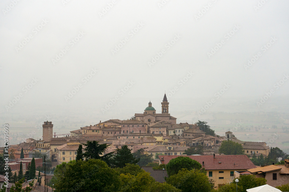 View of Trevi town and comune on rainy day