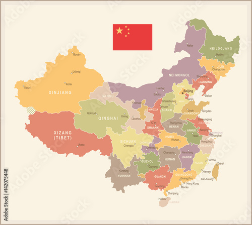 Fotografie, Obraz China - vintage map and flag - illustration
