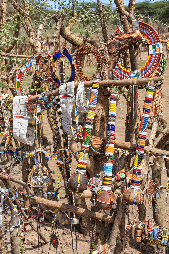 Central part of Maasai village with handmade traditional souvenirs hanging on paling. Serengeti National Park, Tanzania, Africa.
Central part of Maasai village with handmade traditional souvenirs hanging on paling. Serengeti National Park, Tanzania, Africa.