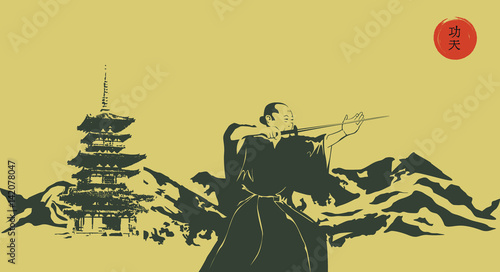 Illustration, a man with a sword and mountains.