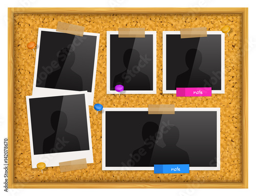 Cork notice board with photo frames, push pins and scotch tape. Vector.