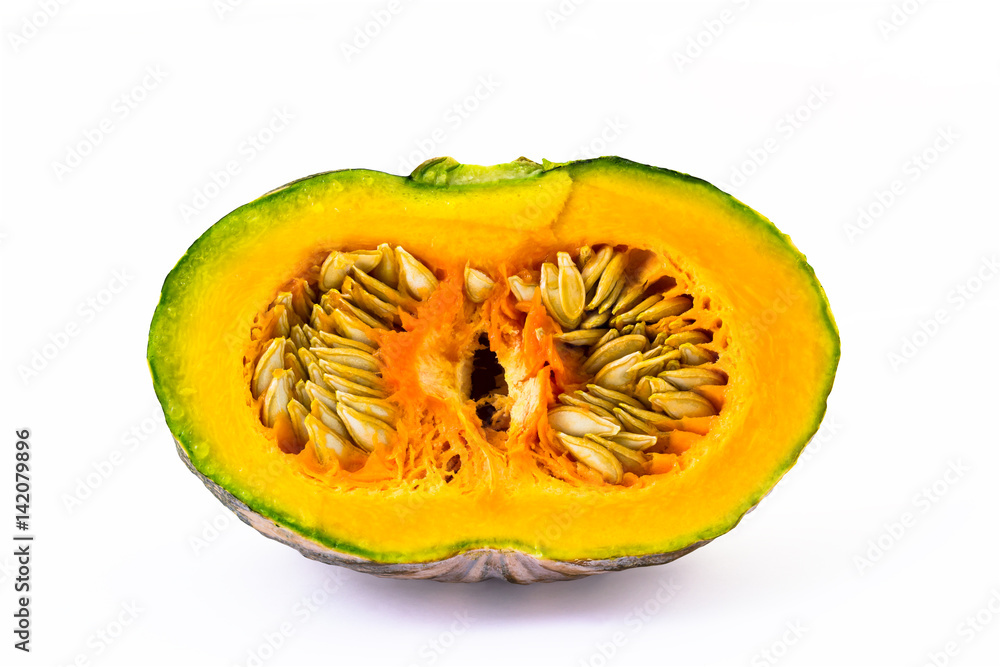 Half-cleaved Kabocha squash isolated on white background and clipping path Half-cleaved Kabocha squash isolated on white background and clipping path