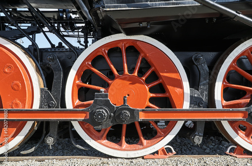 Pistons and driving wheel of the historic steam locomotive.