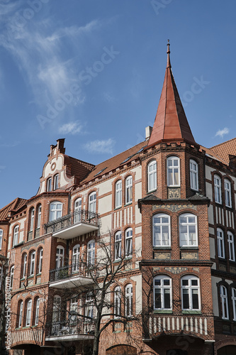 Art Nouveau facade and turret of the building in Poznan.