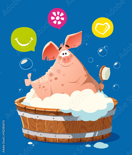 happy smile pig in bath bathtub washing