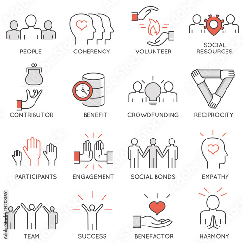 Vector set of 16 thin icons related to altruism, benevolence, human responsible and beneficence. Altruism, Benevolence Icons. Mono line pictograms and infographics design elements