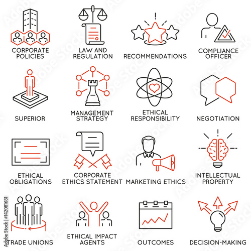 Vector set of 16 icons related to business ethics, management, strategy and development. Mono line pictograms and infographics design elements - part 3