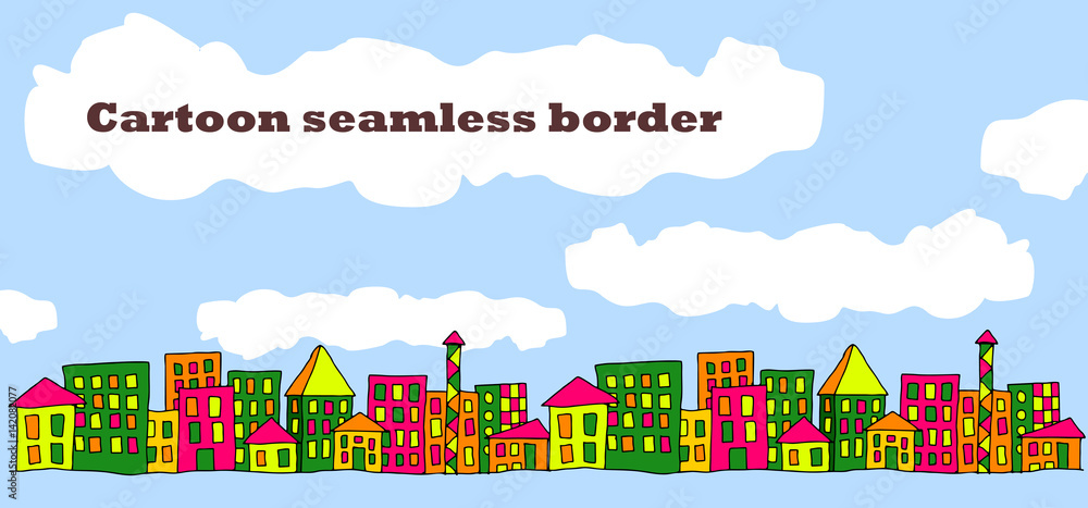 Cartoon funny town. Vector seamless border