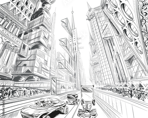 Fantastic city of the future. Concept art illustration. Sketch gaming design. Fantastic vehicles, trees, people. Hand drawn vector painting. 
