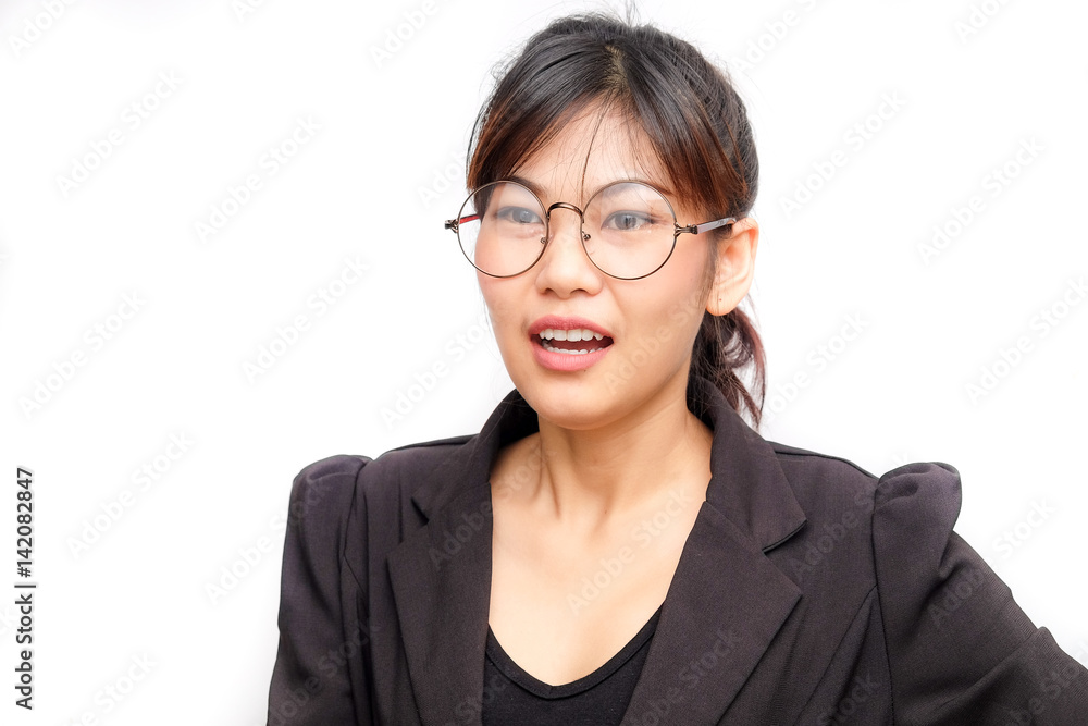Business women with glasses thinking and say something Business women with glasses thinking and say something