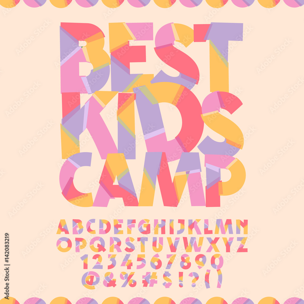 Bright banner with text Best kids camp. Vector set of colorful letters, numbers and symbols Bright banner with text Best kids camp. Vector set of colorful letters, numbers and symbols
