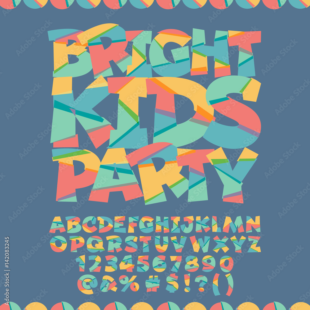 Cool card with text Bright kids party. Vector set of colorful letters, numbers and symbols