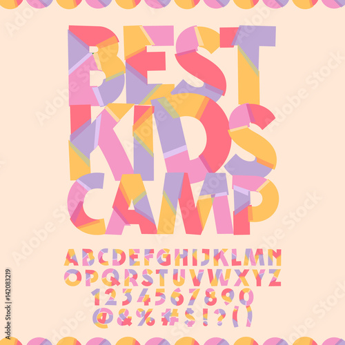 Bright banner with text Best kids camp. Vector set of colorful letters, numbers and symbols