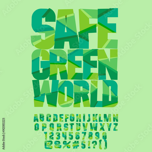 Vector eco logo Safe green world. Vector set of colorful letters, numbers and symbols