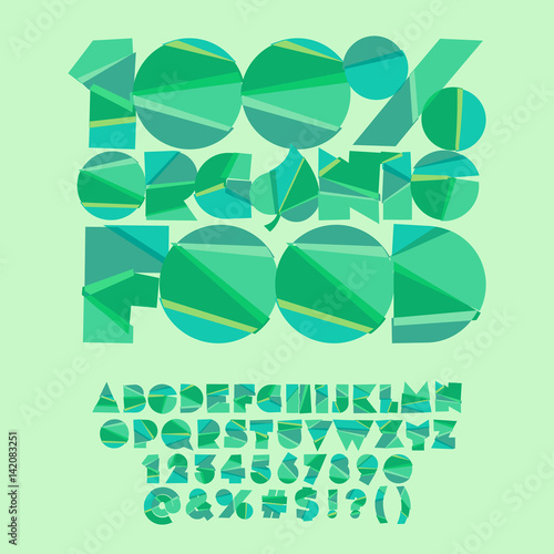 Vector green poster 100% organic food. Vector set of colorful letters, numbers and symbols