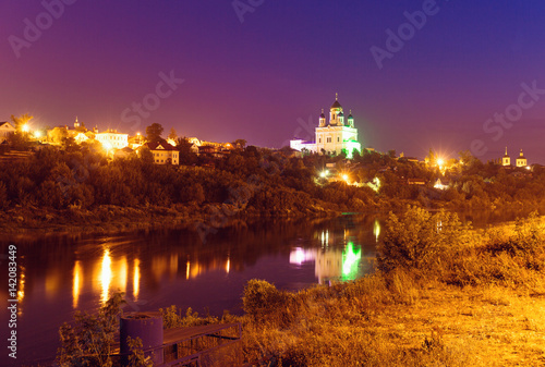 View of the night town Yelets and the Ascension Cathedral, Russia