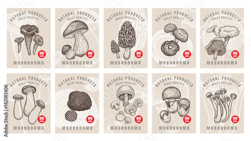 Labels with mushrooms set.