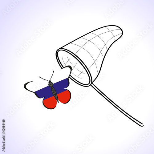 Butterfly with the flag of Russia and landing net