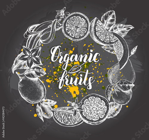 Background with citrus and tropical fruits. Wreath of oranges, lemons, mandarins, banana and leaves. Template for design leaflets, labels, banners. Ink Hand drawn vector illustration. photo