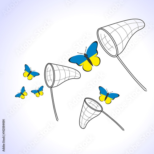Butterflies with the flag of Ukraine and landing net
