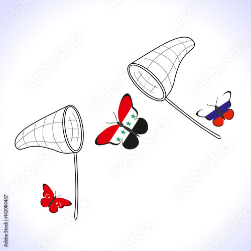Butterflis with the flag of Russia, Turkey and Syria and landing net