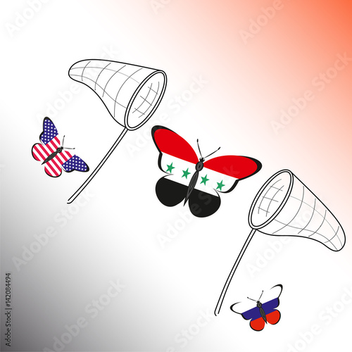 Butterflis with the flag of Russia, USA and Syria and landing net