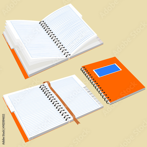 Open notepad with metal spiral. Isolated notebook with metal spiral. Notepad with the alphabet and bookmark. Image in perspective.