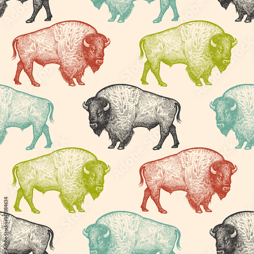 Seamless pattern with animal Bison. © marinavorona