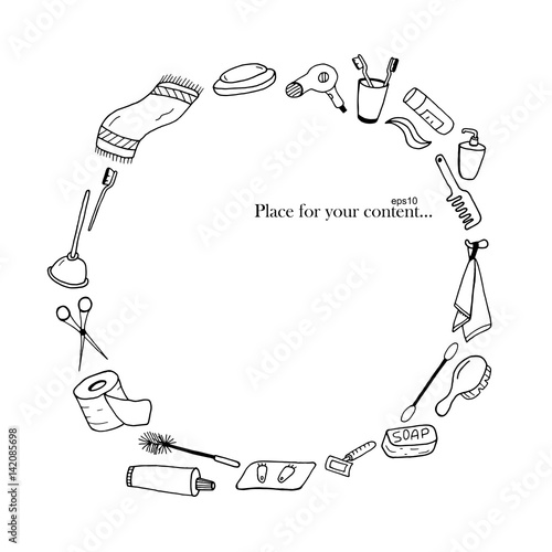 Hand drawn bath accessories frame. Doodle style.