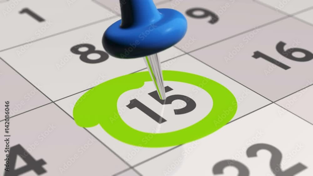 Pin on the date number 15. The fifteenth day of the month is marked with a blue thumbtack. 4K video animation. Pin on the date number 15. The fifteenth day of the month is marked with a blue thumbtack. 4K video animation.