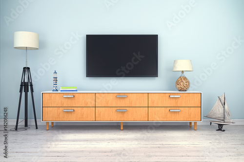 Bilde på lerret Skandinavisches, nordisches Wohnzimmer mit einem Sideboard und Flatscreen - Text