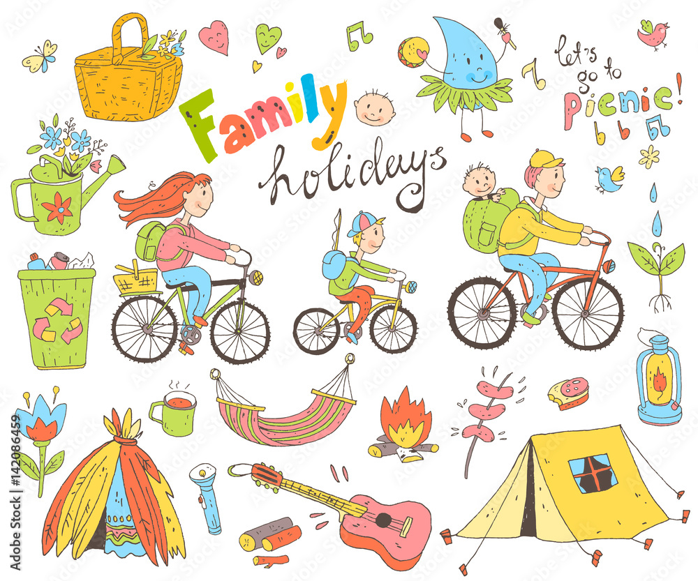 Vector set of cute doodle family and holidays. Equipment for cam Vector set of cute doodle family and holidays. Equipment for cam