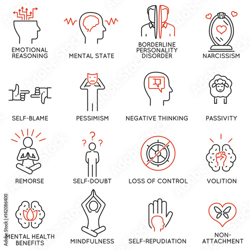 Vector set of 16 linear icons related to mindfulness, awareness, consciousness and mental conditions. Mono line pictograms and infographics design elements - part 1