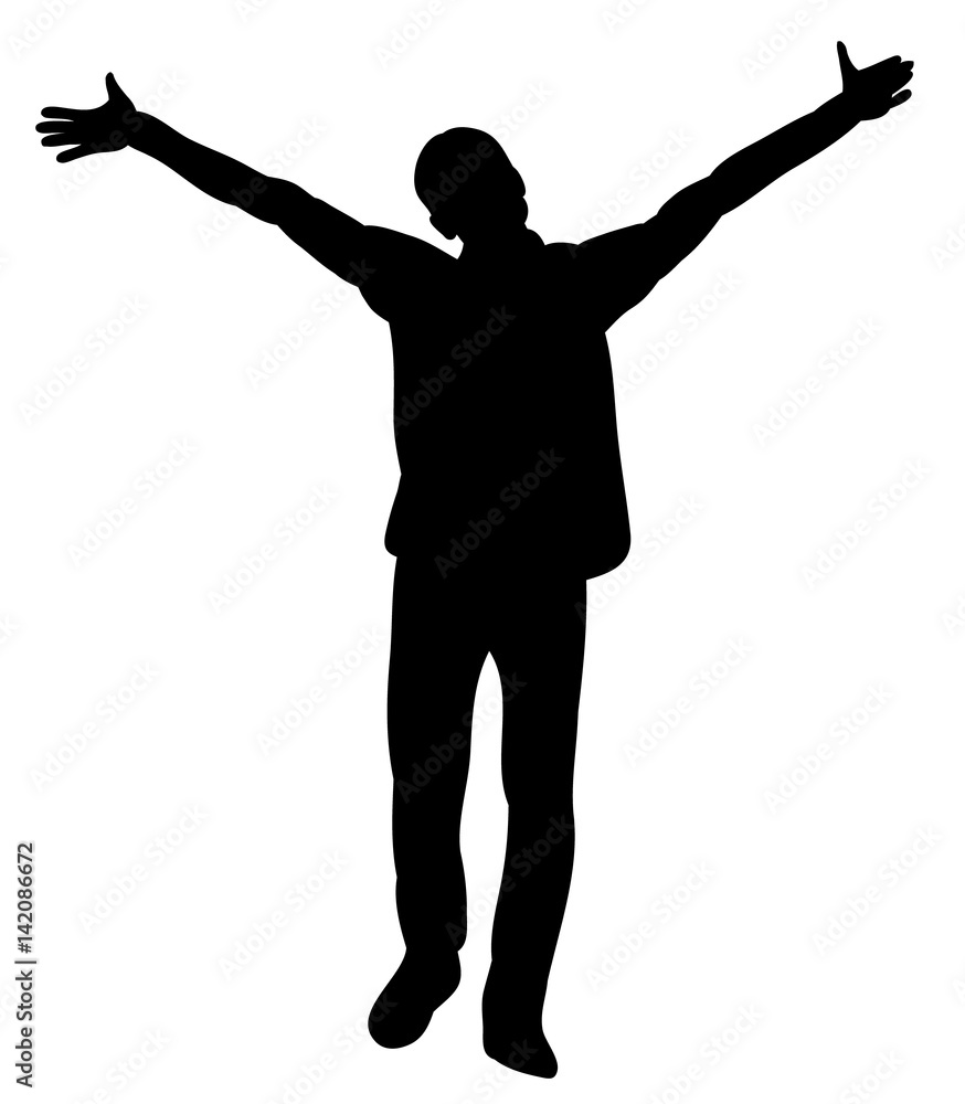 black silhouette of the man is happy, hands up black silhouette of the man is happy, hands up