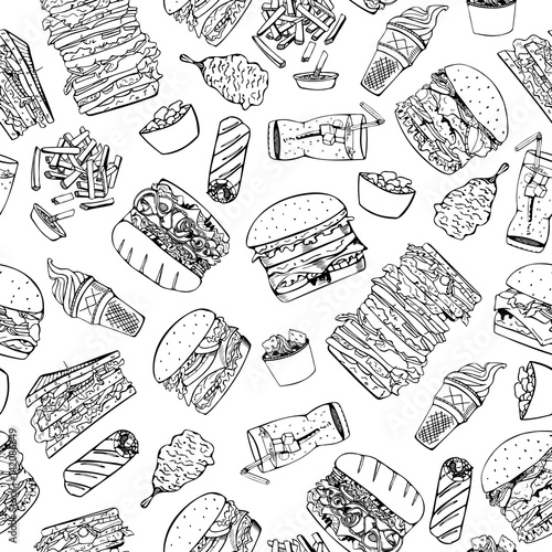 Fast food seamless pattern in doodle style.
