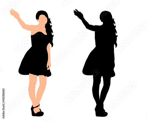 vector, black silhouette of a girl in a dress waving