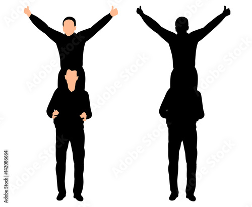 vector, black silhouette of the man is happy, hands up, sitting on the shoulders