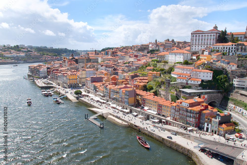 Porto old town embankment on the Douro River. Panorama of Porto