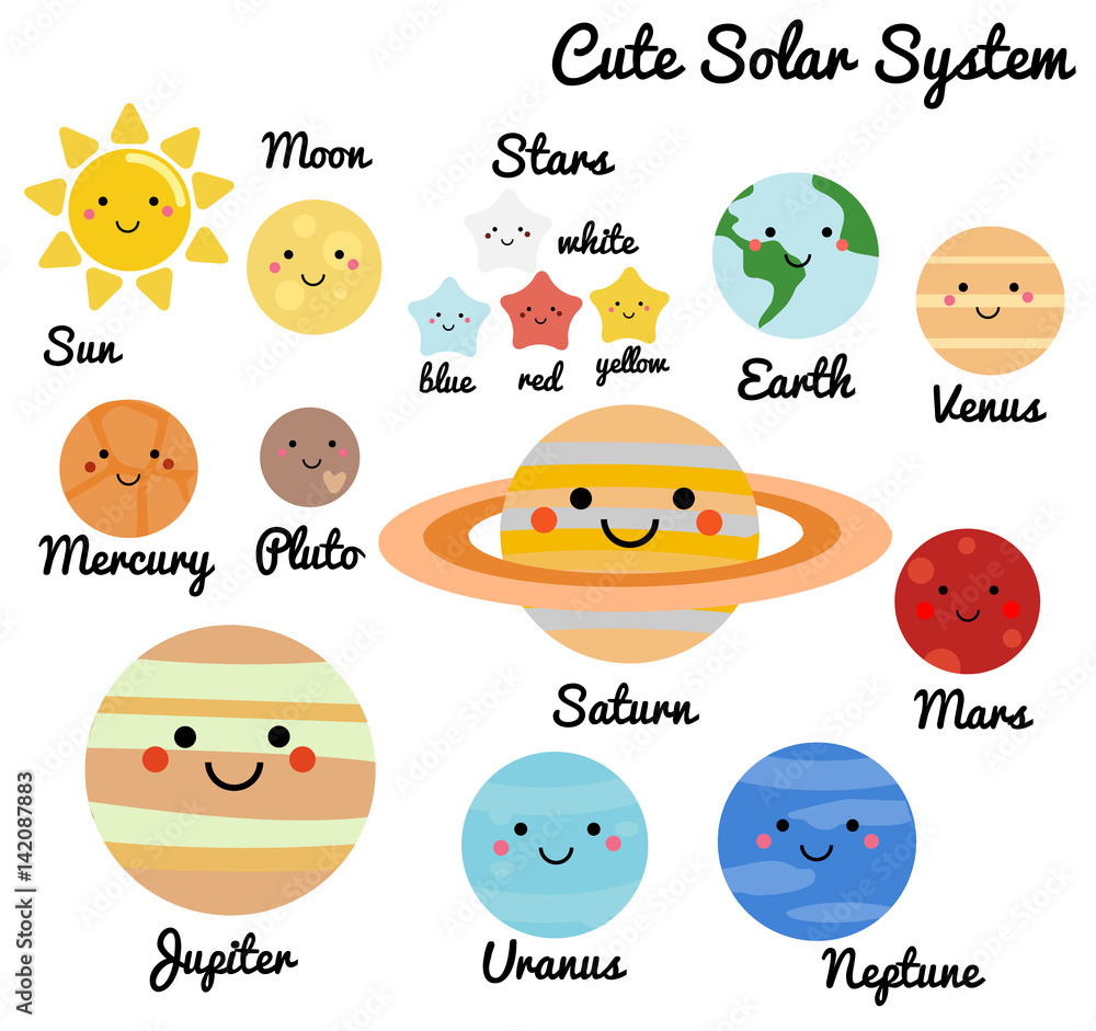 Fototapeta premium Cute galaktyka, przestrzeń, elementy układu słonecznego. Kawaii księżyc, słońce i planety ilustracji wektorowych dla dzieci. Pojedyncze elementy projektu dla dzieci. Naklejki, etykiety, ikony, infografiki dla dzieci