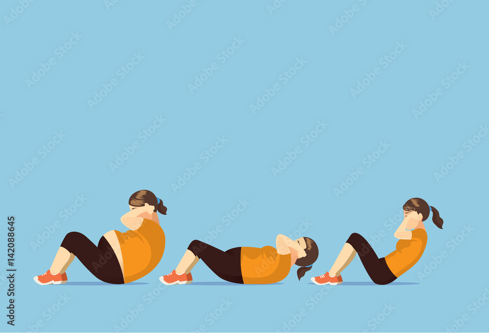 Fat woman change body to slim with doing sit up. Illustration about lose weight. Fat woman change body to slim with doing sit up. Illustration about lose weight.