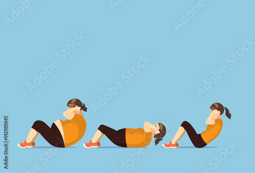Fat woman change body to slim with doing sit up. Illustration about lose weight.