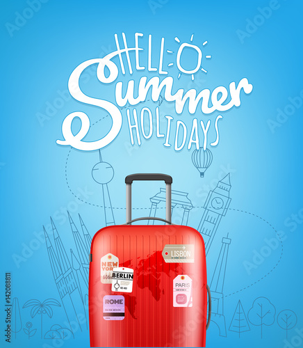 Color plastic travel bag with different travel elements vector illustration. Hello summer travel photo