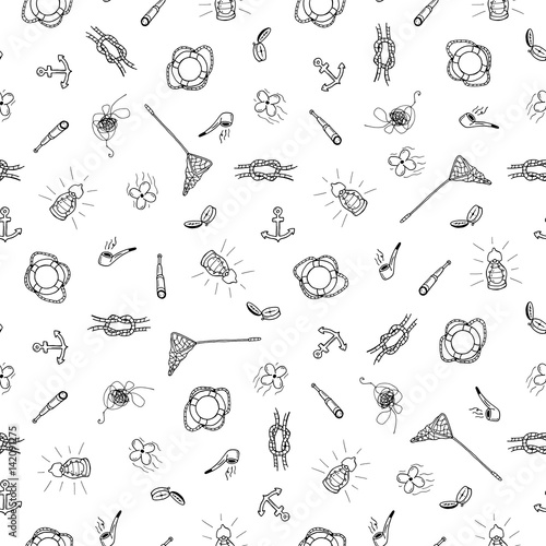 Marine accessories,seamless pattern in doodle style.