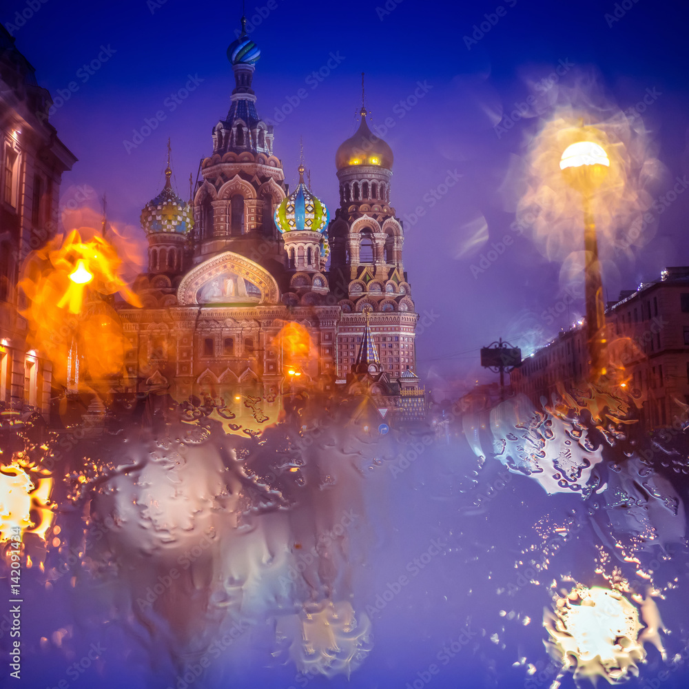 Rainy city. Savior on Spilled Blood. Petersburg. The Griboyedov Canal.