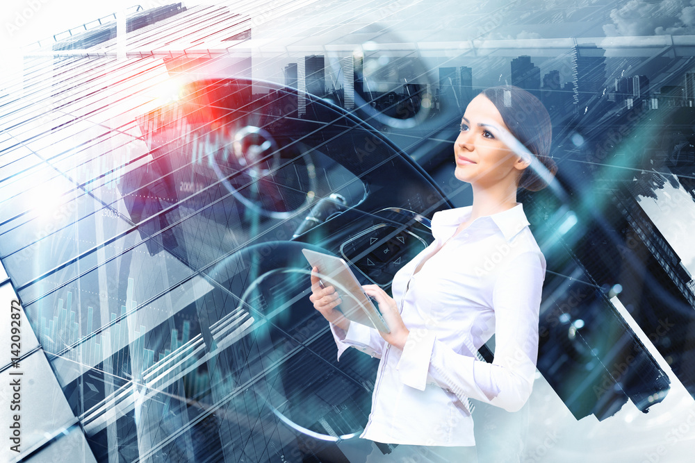 Attractive business lady working on tablet Attractive business lady working on tablet
