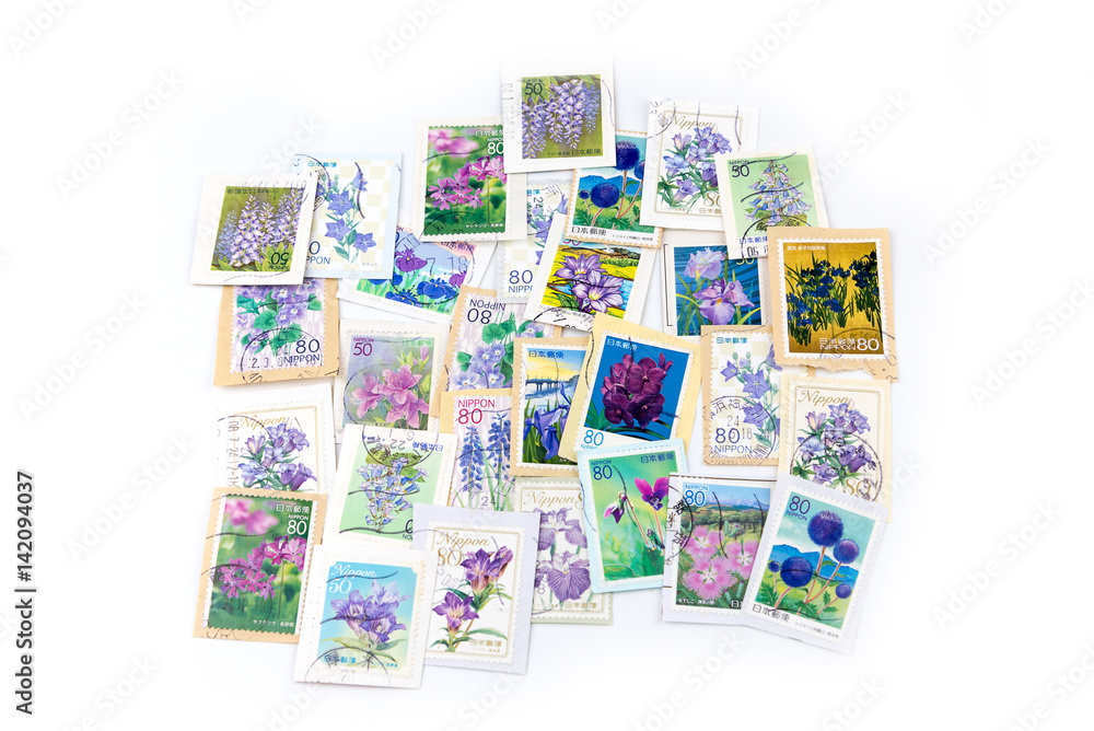 A stamp printed in Japan shows violet flower collection.