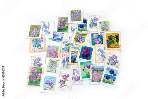 A stamp printed in Japan shows violet flower collection.