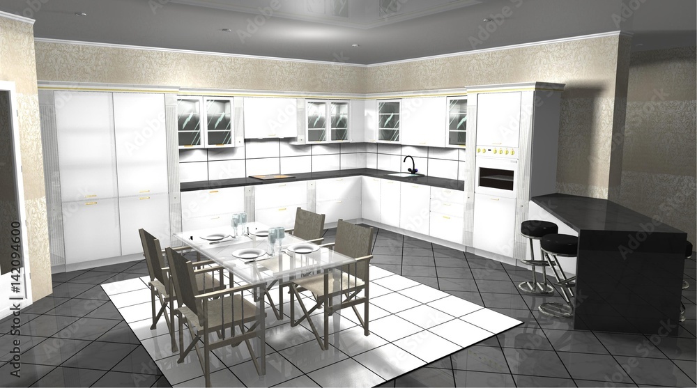 white kitchen black modern classic 3D rendering design