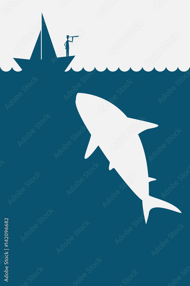 Plakat wektor Minimalistyczny stile. Biznesmen stojący na statku na morzu i w otoczeniu